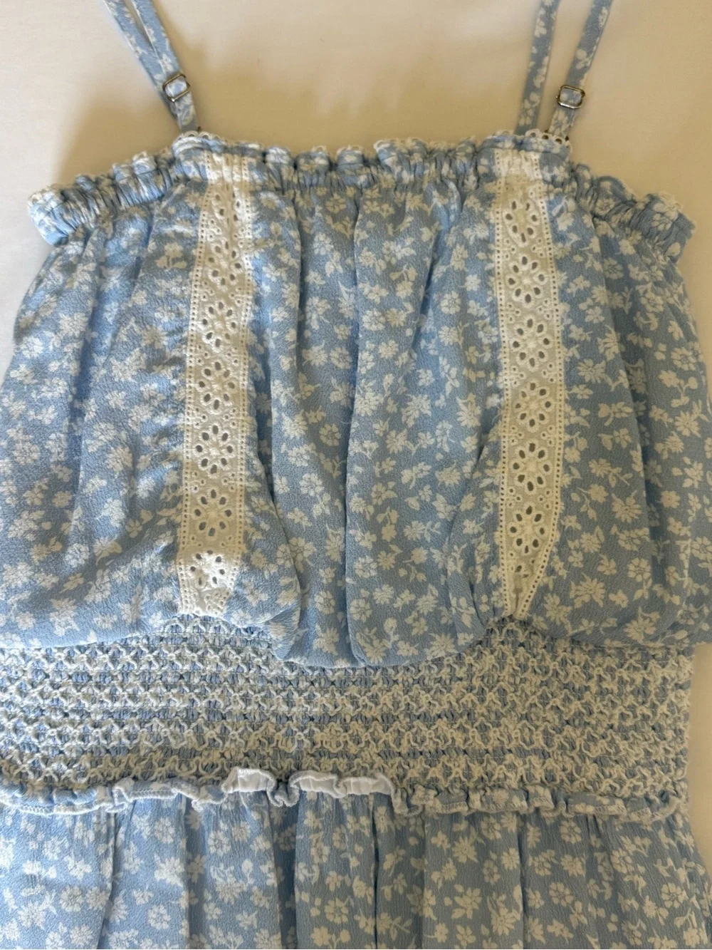 Katie J NYC Light Blue Floral Sundress with White Lace
